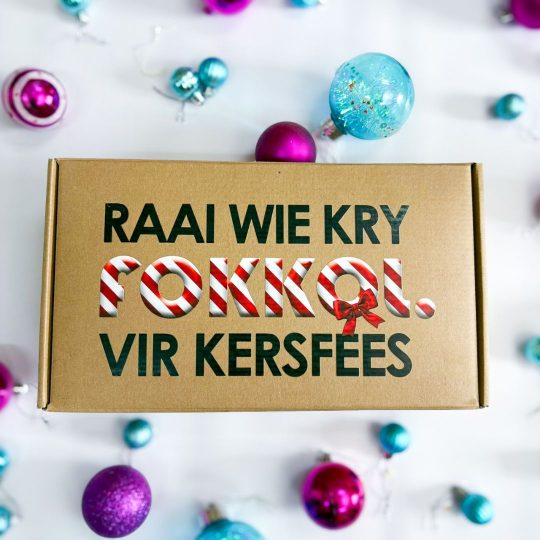 "RAAI WIE KRY fOKKOL VIR KERSFEES" LEEG KERSFEES GIFT BOKS