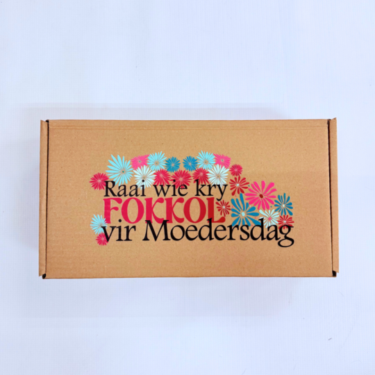 "RAAI WIE KRY fOKKOL VIR MOEDERSDAG" LEEG MOEDERSDAG BOKS